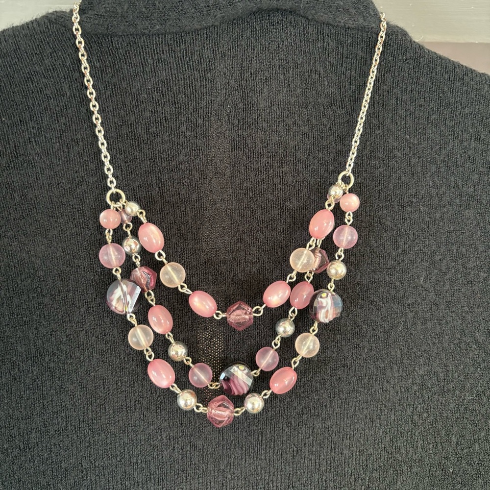 Pink and Silver Multi-Strand Necklace with Matching Earrings